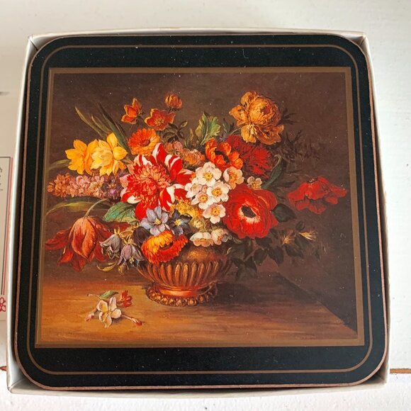 Vintage Pimpernal Flemish Flowers set of 6 Cork Backed  Coasters made in England - Picture 1 of 3